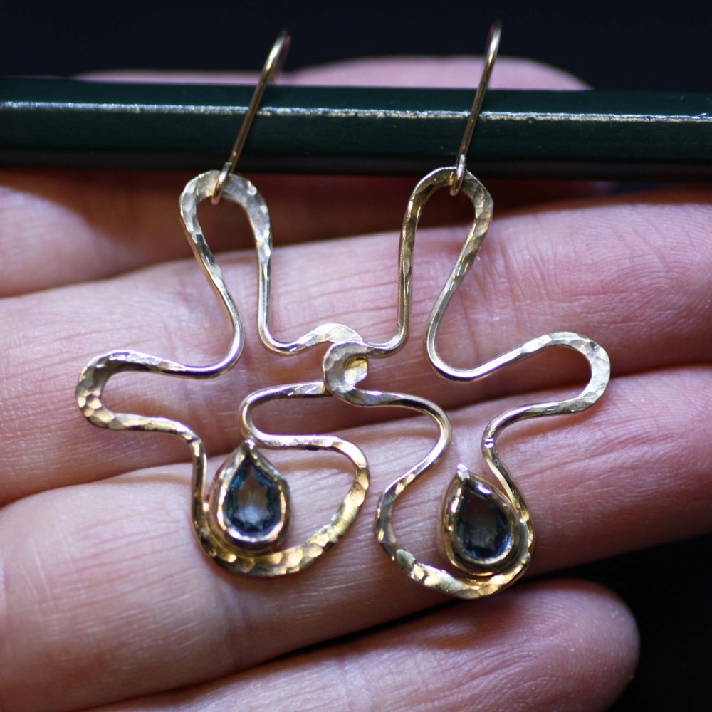 Handmade Natural Swiss Blue Topaz Earrings Solid 14K Yellow Gold 4th Anniversary - Picture 9 of 10